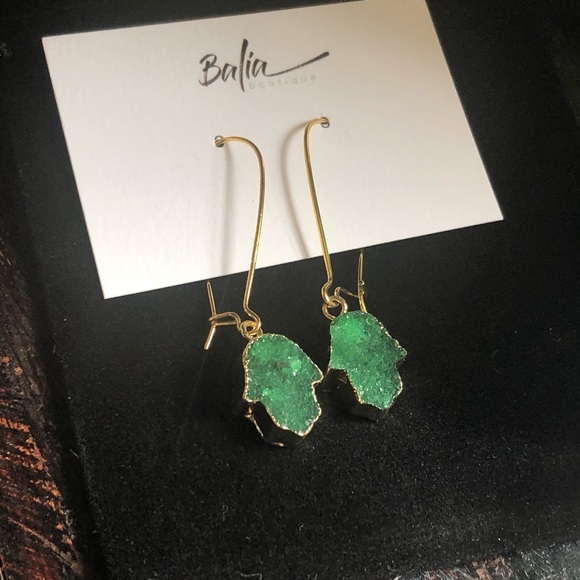 New Handmade Druzy Hamsa Hand Drop Earrings 💚 - Picture 9 of 12
